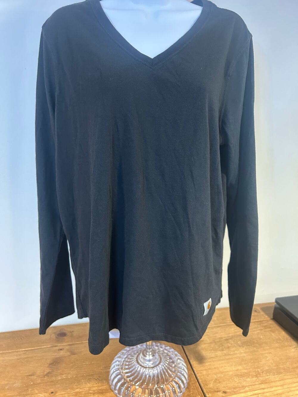 Carhartt XL Logo Patch Hem Black Long Slv V-neck Shirt Relaxed Fit Basic Layer